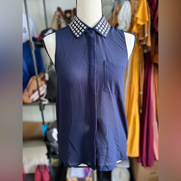 Katie k Sexy Metallic Studded Collar Navy Blue Shirt size Xs - Picture 1 of 8